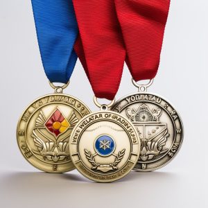 Three detailed medals with ribbons on white background.