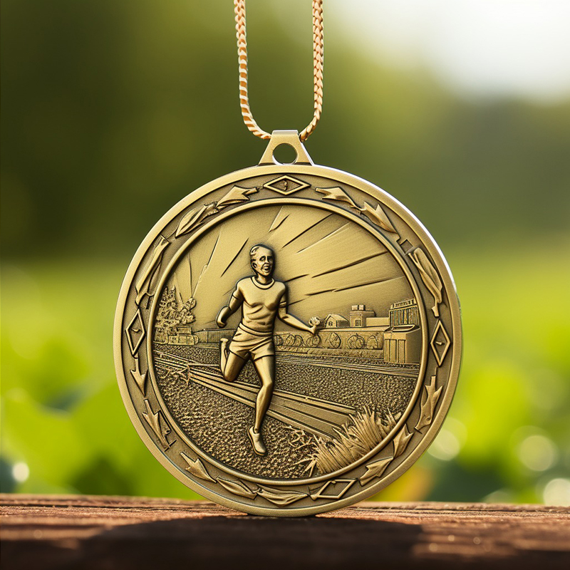 Bronze medal depicting runner in rural landscape.