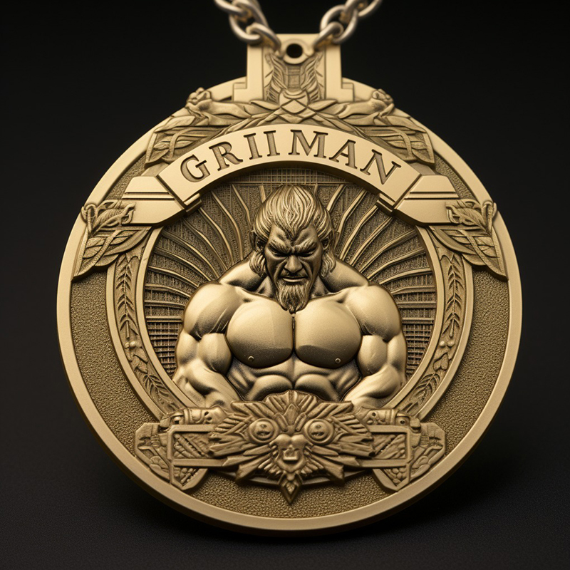 Custom wrestling medals c Griiman medallion with muscular warrior design.