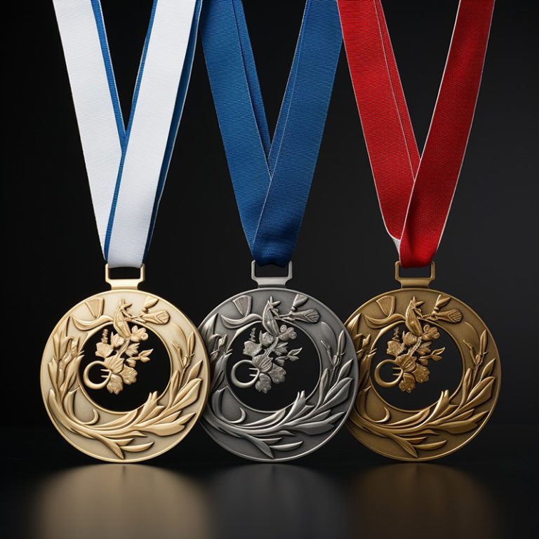 Gold, silver, bronze medals with ribbons on black background.