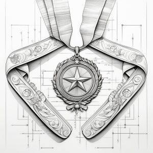 Detailed sketch of an ornamental medal with ribbon.