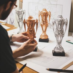 Designer examining trophy models at sketching table.