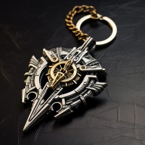 Steampunk-inspired ornate keychain on dark background.