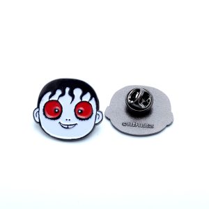 Cartoon-style pin with red-eyed character on white background