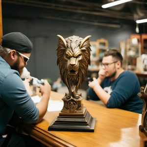 Two men examining a lion sculpture in workshop.