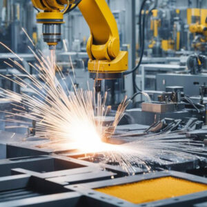 Industrial robot welding in modern manufacturing plant.