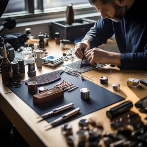 Man crafting jewelry at cluttered workshop table.