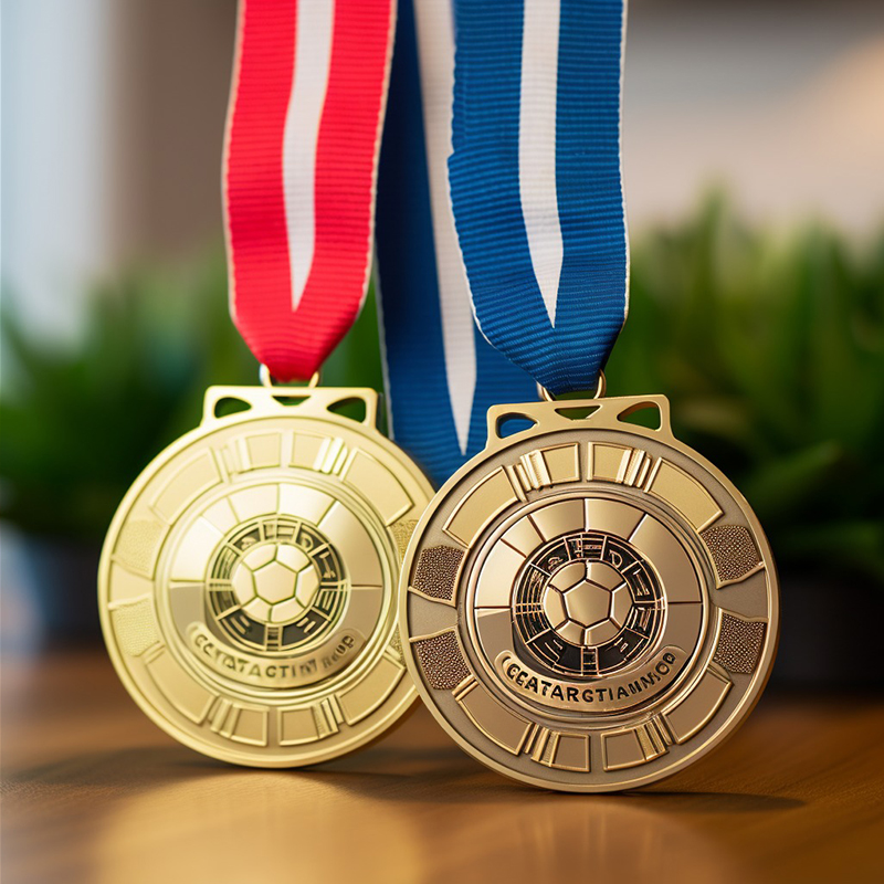 Soccer medals d Gold and silver soccer medals on ribbons.