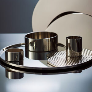 Elegant reflective metallic containers on mirrored surface.