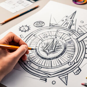 Hand drawing compass design on paper with pencil.