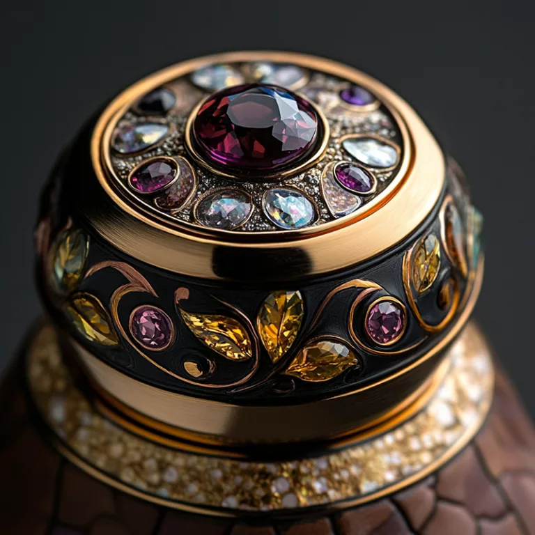 luxury perfume bottle cap with decorative inlays of leather, enamel, and gemstones
