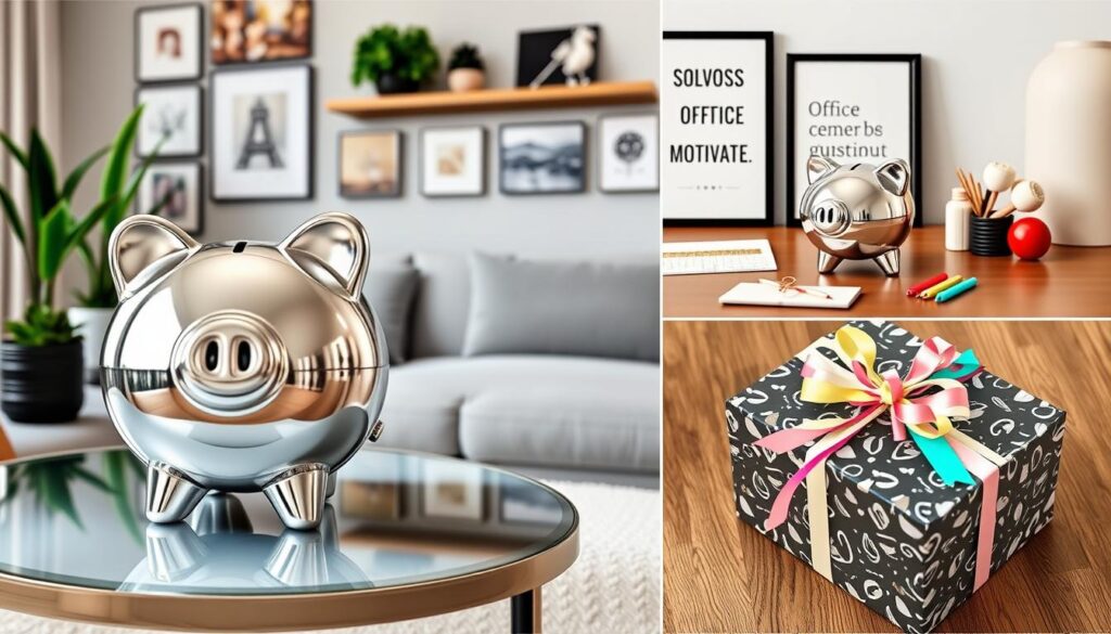 silver piggy bank use in home decor ideas, office motivators, and gifts for occasions