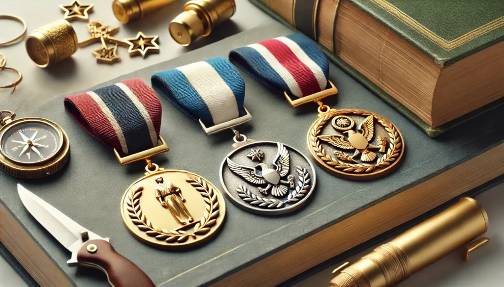 Medals in academic and military contexts.