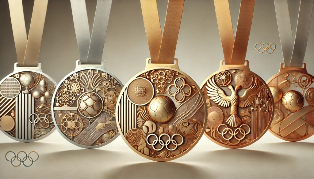 Modern sports medals with intricate designs.