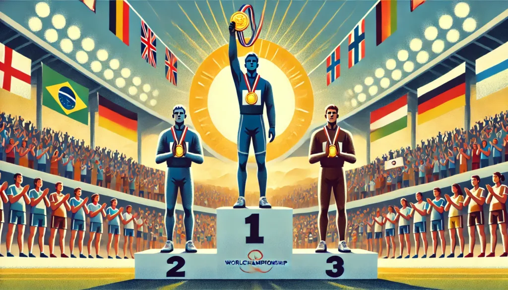 Athlete proudly displaying their World Championship medal on the podium