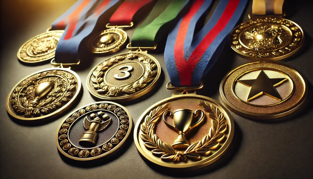 Close-up of gold silver bronze medals​ on a dark background.