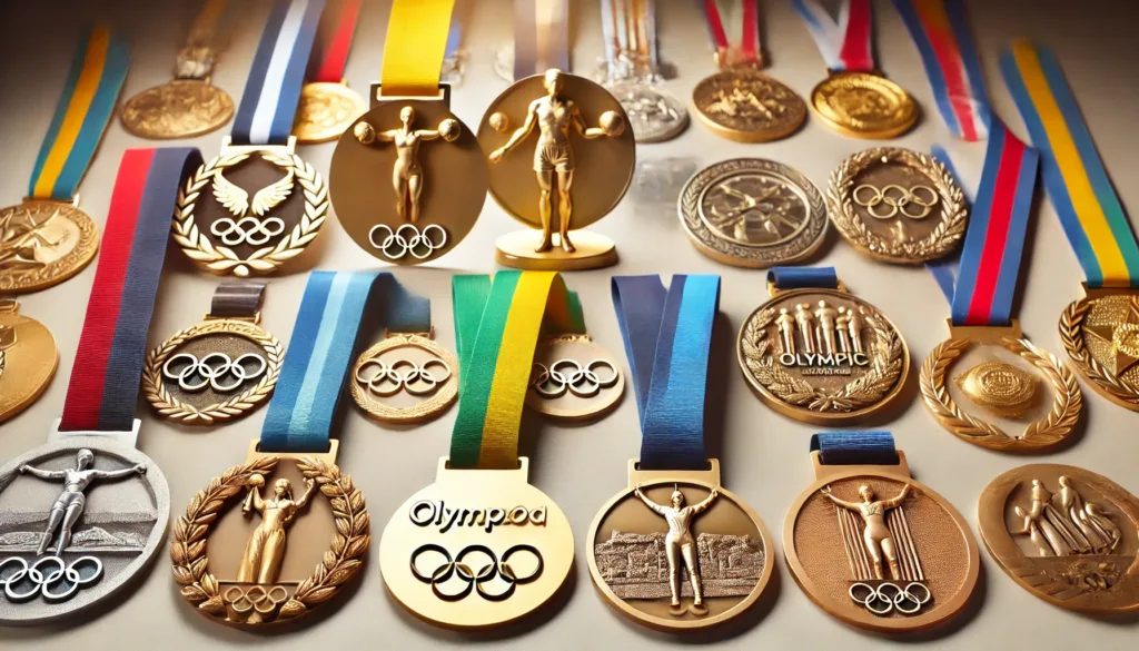 Various types of sports medals awarded in athletic competitions.