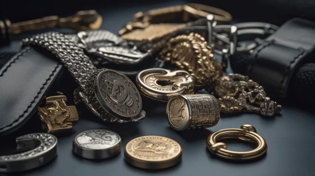 A premium collection of zinc alloy clothing accessories including buttons, zipper pulls, tags, and belt buckles manufactured by Gairun