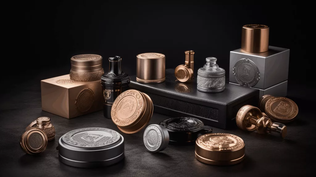A premium collection of zinc alloy packaging accessories including bottle caps, decorative labels, closures, and clasps manufactured by Gairun