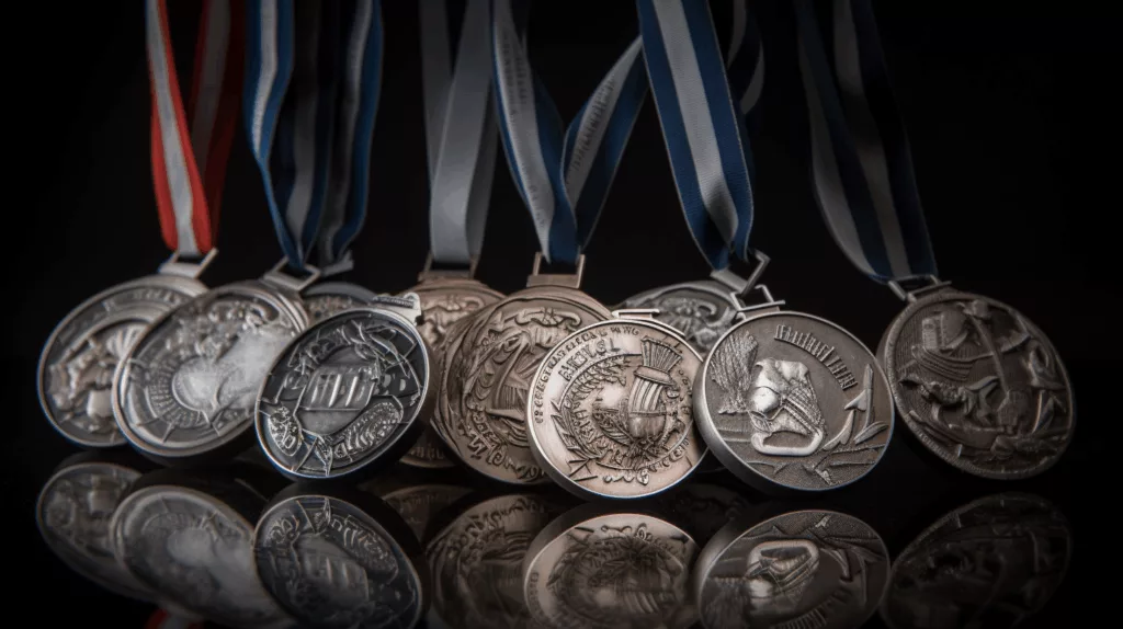A collection of custom zinc alloy medals with ribbons, showcasing sports medals, award medals, and marathon finisher medals by Gairun