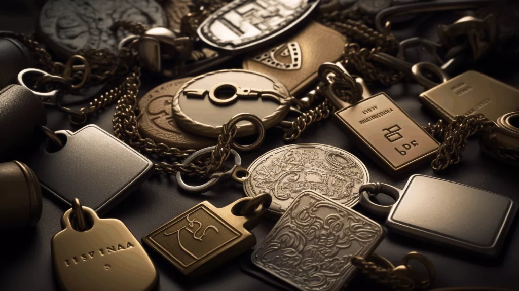 A collection of zinc alloy tags and nameplates for clothing, bags, and accessories manufactured by Gairun