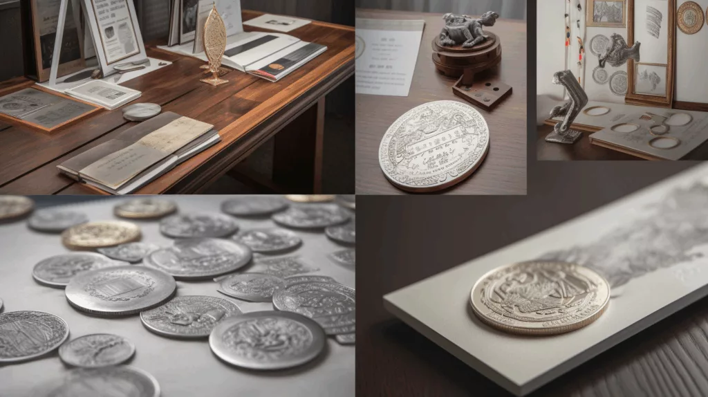 Applications of custom zinc alloy souvenirs including commemorative coins, bookmarks, tourist tokens, and decorative plaques by Gairun