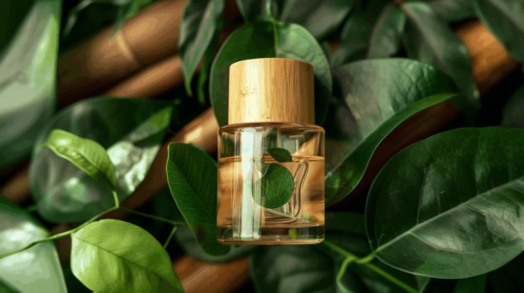A close-up shot of a wooden perfume cap on a glass bottle, surrounded by natural elements like leaves or bamboo.