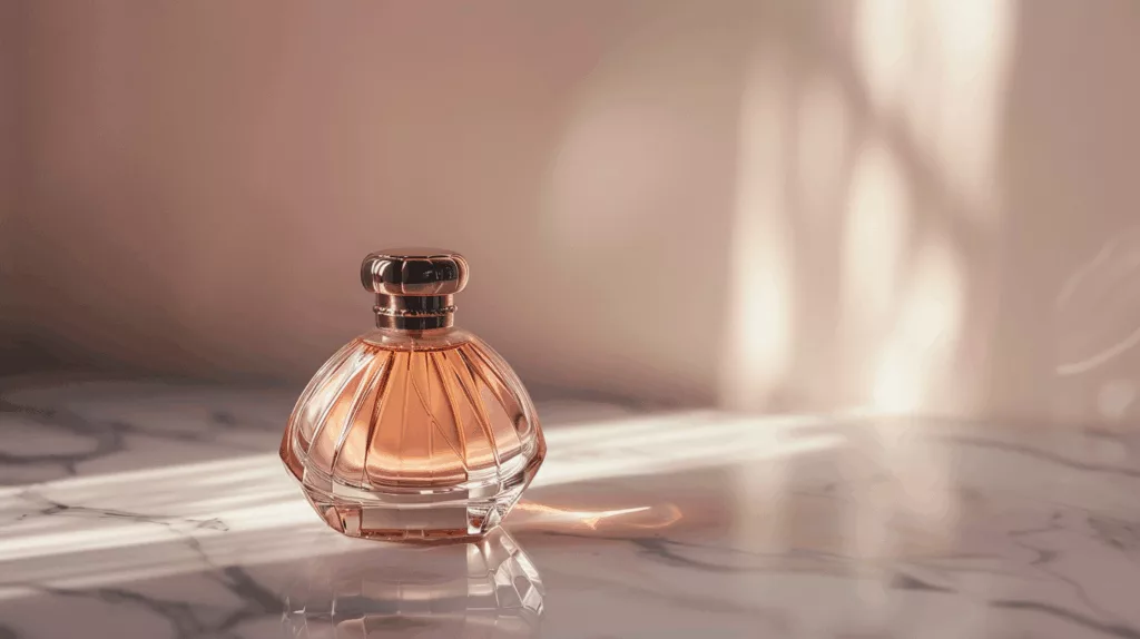 A luxurious perfume bottle with a metallic cap, placed on a marble surface with soft lighting.