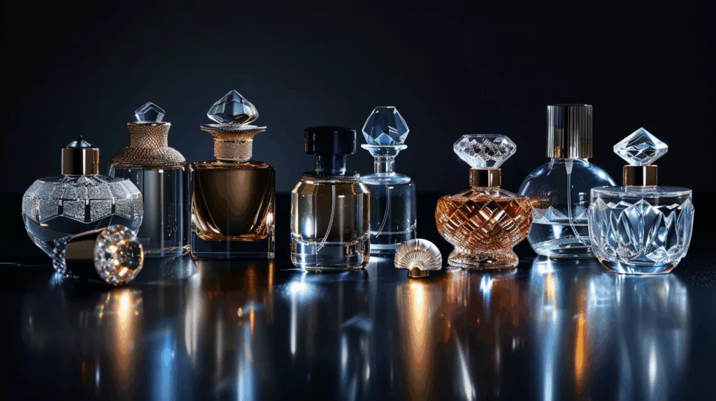 A showcase of luxury perfume bottles with unique cap designs (minimalist, dome-shaped, crystal).
