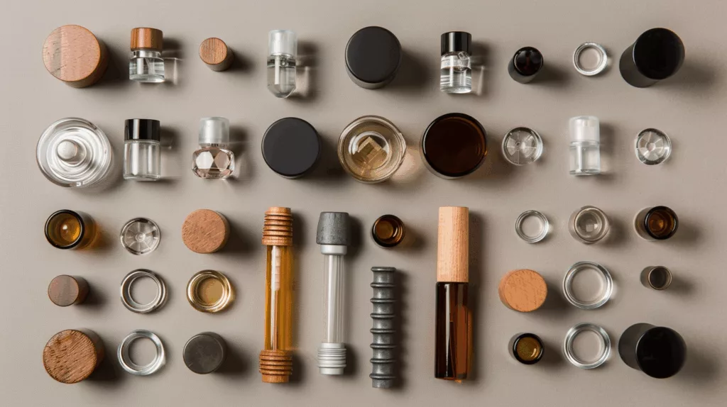 A flat lay of different perfume bottle caps made of plastic, wood, metal, and glass.