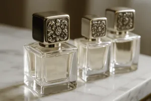 Finished perfume bottles featuring bespoke metal caps with detailed branding and varied finishes, highlighting the cap’s central role in luxury packaging.