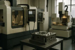 Precision CNC machines and wire EDM equipment in a mold room focused on producing high-quality perfume bottle caps.