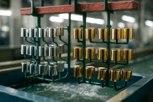 Metal perfume bottle caps undergoing electroplating and polishing to achieve high-quality finishes and durability.