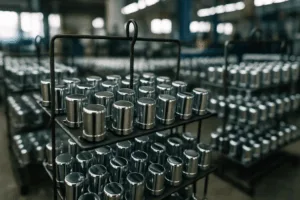 Aluminum perfume bottle caps undergoing the polishing process in a factory setting, displayed on plating racks.