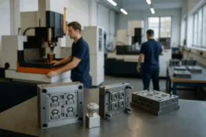 Shows how Gairun uses wire EDM and steel molds to create detailed perfume cap shapes before plating.