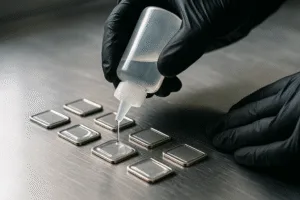 A precise photo of hands dispensing clear resin evenly over metal badges, capturing the start of the epoxy dome process.