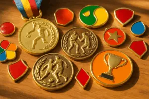 A tabletop display of various medals, lapel pins, and badges in both soft and hard enamel, clearly showing their differences in texture and gloss under natural light.