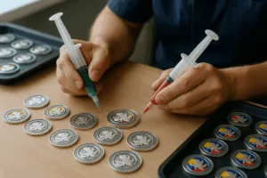 Detailed view of a technician applying soft enamel colors precisely to medal recesses prior to baking, emphasizing precision in the color filling process.
