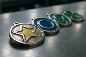 Die cast medals with intricate contours and bright enamel, lined up for quality control after casting and coloring.