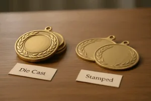 Medals are displayed together, contrasting the deep relief and plating of die cast pieces with the flat, thin look of stamped metal medals.