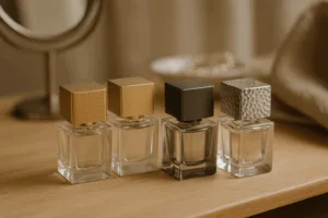 Luxury and eco-friendly perfume bottle caps showcased on bottles, highlighting textures and recycled materials in everyday use