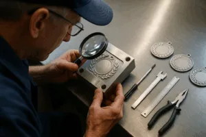 Skilled worker checks a steel mould for surface detail and accuracy before medal casting.