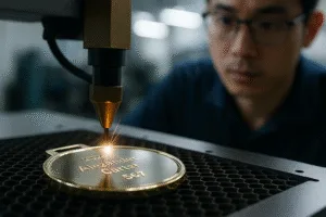 A workshop view showing a Gairun technician operating a laser engraver as it inscribes text on custom event medals.