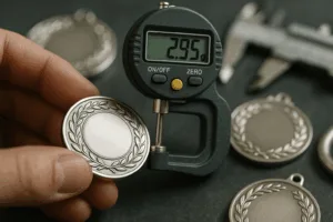 Shows precise measurement of silver plating thickness on a custom medal, demonstrating quality control in manufacturing.