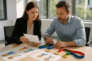 A manufacturer’s representative and a customer examine medal sketches, color references, and finished samples on a bright meeting table, highlighting the start of the custom medal design process.