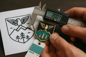 Hands measuring line thickness on a metal badge, comparing it to the annotated artwork and Pantone color samples in a studio setting.