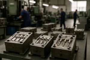 A professional mold room featuring die casting molds used for manufacturing both perfume bottle caps and sprayer components.