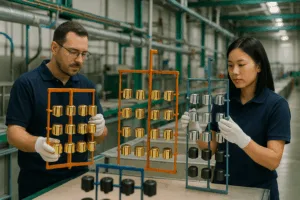 Technicians inspect plated perfume bottle caps in various luxury finishes, ensuring flawless surfaces for high-end brands.