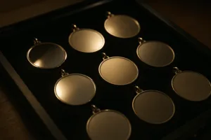 Premium polished medals showcasing mirror, matte, and brushed surfaces in an elegant display setting.