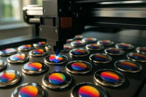 A digital print head moves precisely over badges, laying down detailed multi-color graphics under bright workshop lighting.